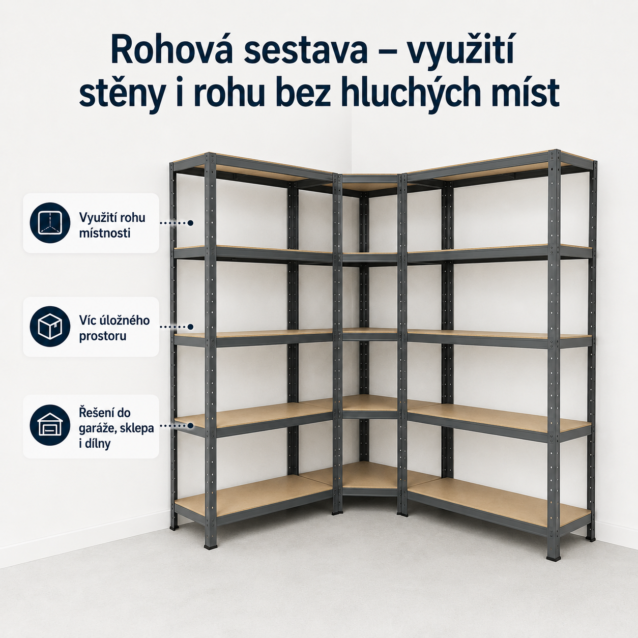 Rohová regálová sestava využití rohu bez hluchých míst